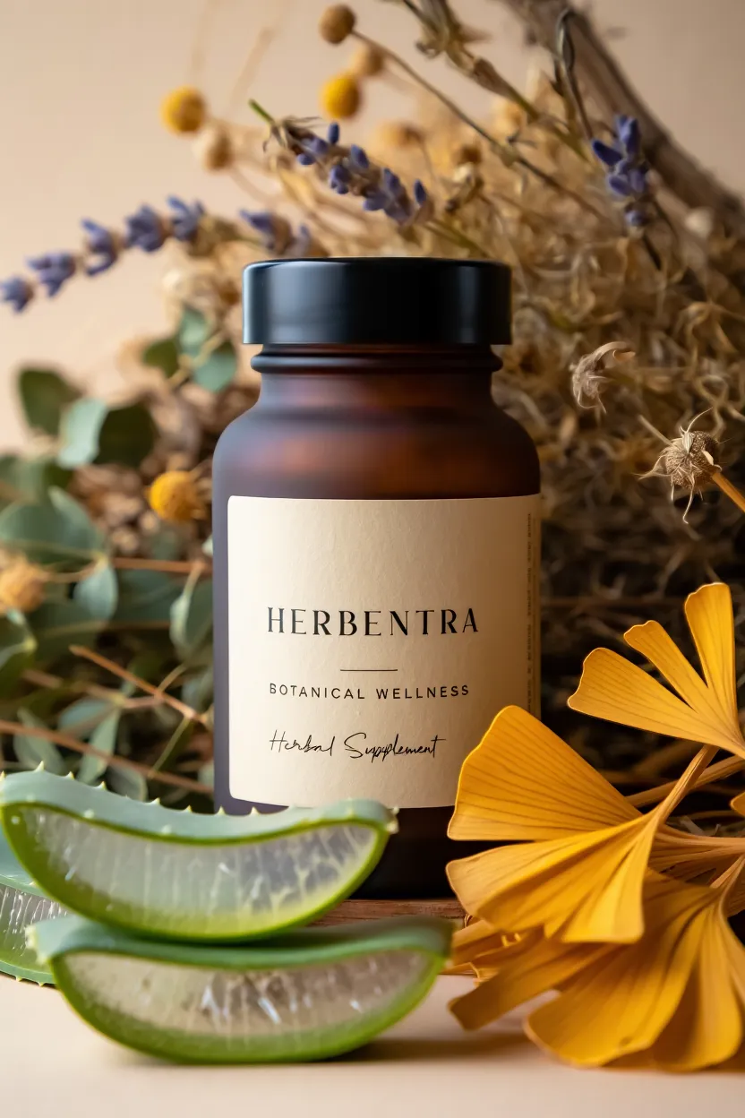 Herbentra botanical wellness supplement bottle with natural herbs and plants